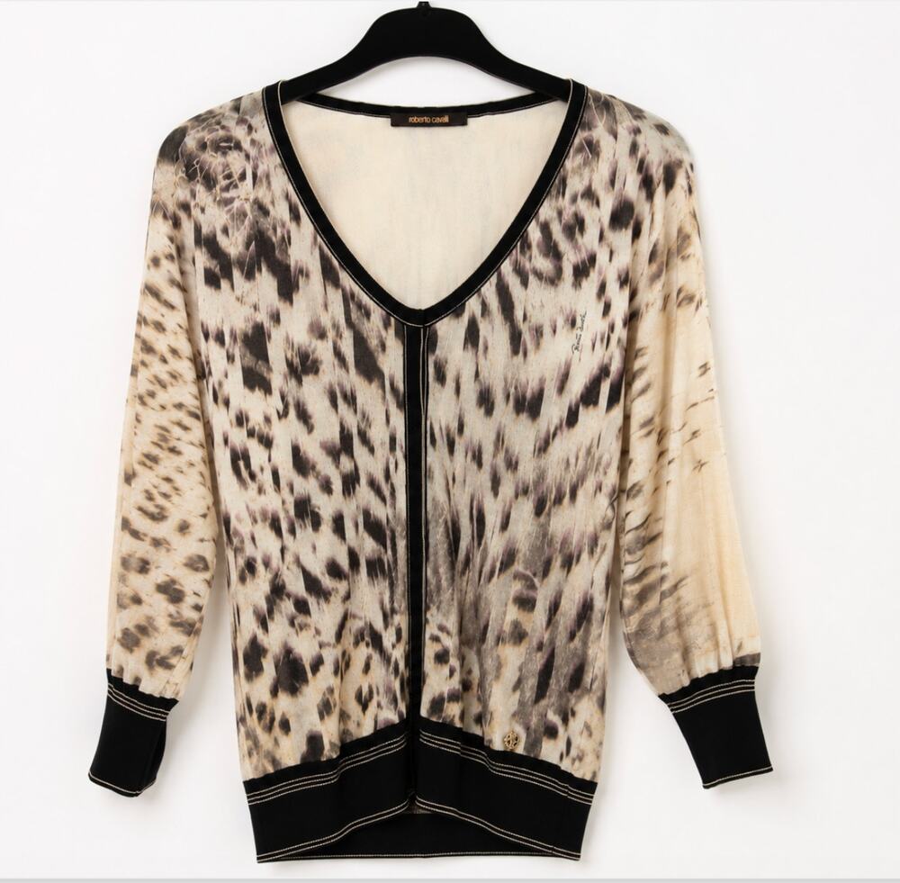 Roberto Cavalli Animal Leopard Print Cardigan Silk Cashmere Italy 42 US 6 Luxe
